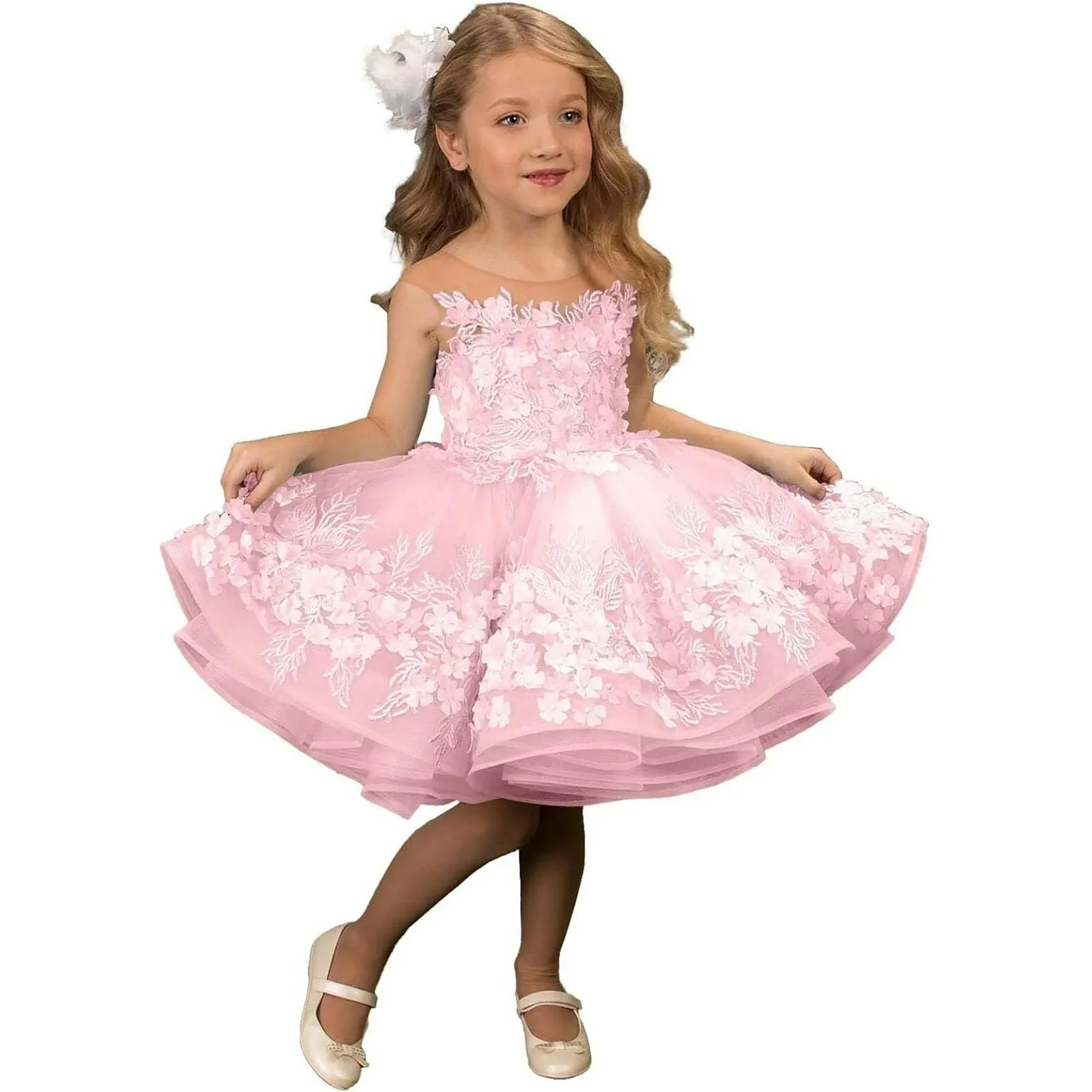 Drtj Girls' Short Flower Girl Dress with 3D Lace Appliques First Communion Pageant Dress