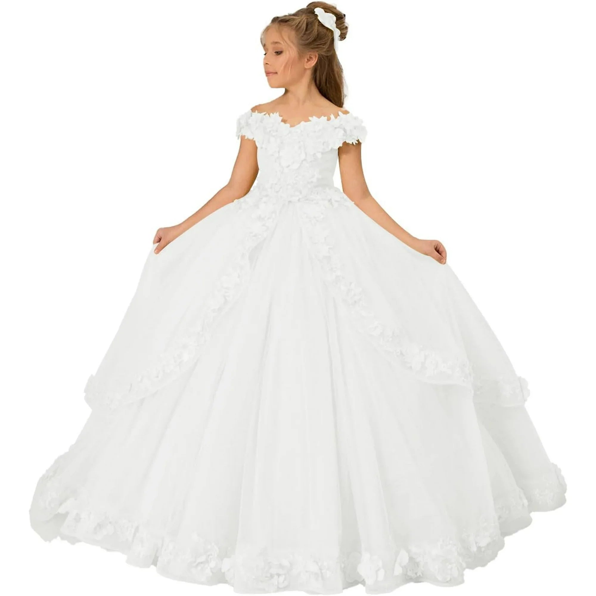 Drtj Kids Teens Flower Girl Dress Appliques - Tulle Princess Pageant Long Ball Gown Dresses