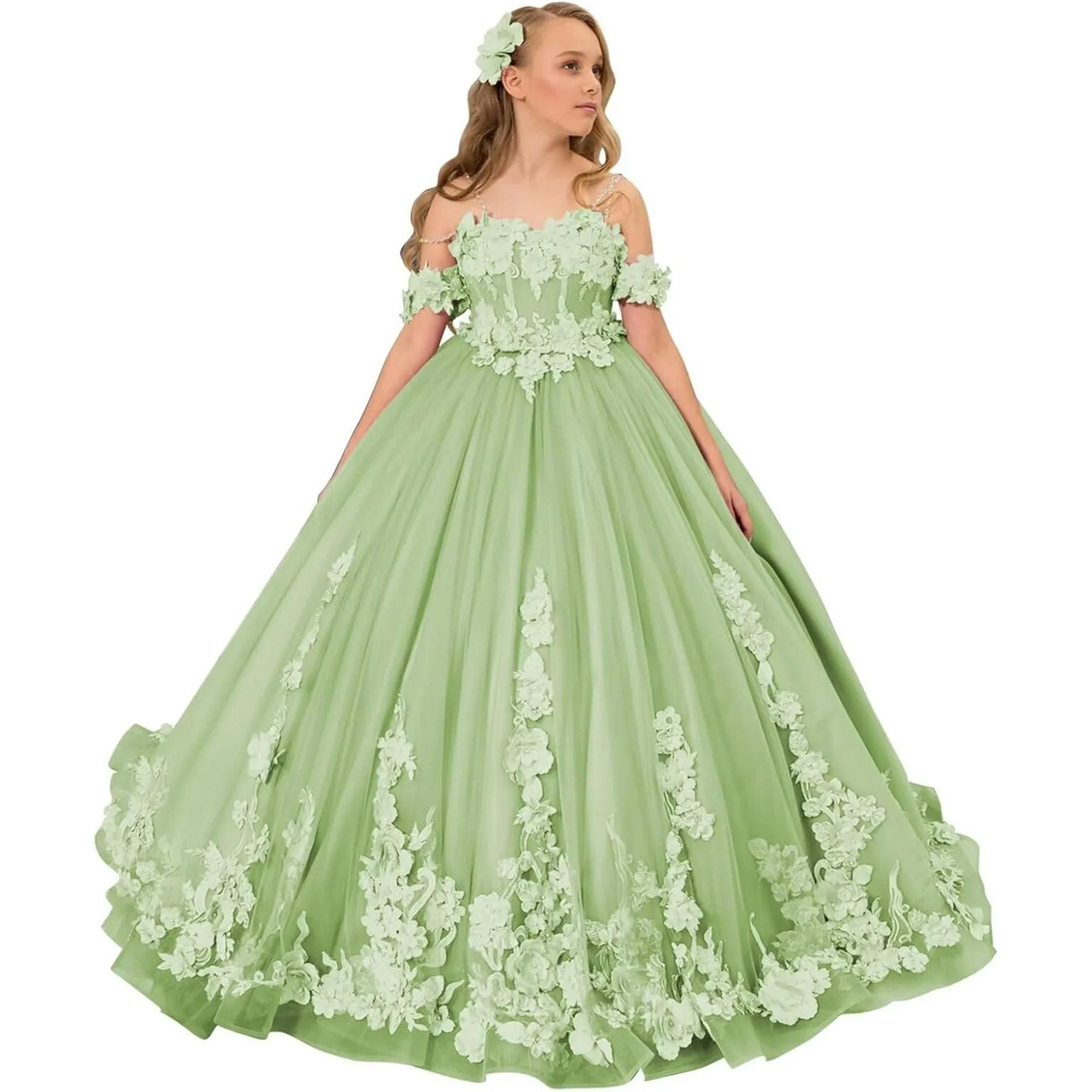Drtj Kids Teens Flower Girl Dress Wedding Off-Shoulder Tulle