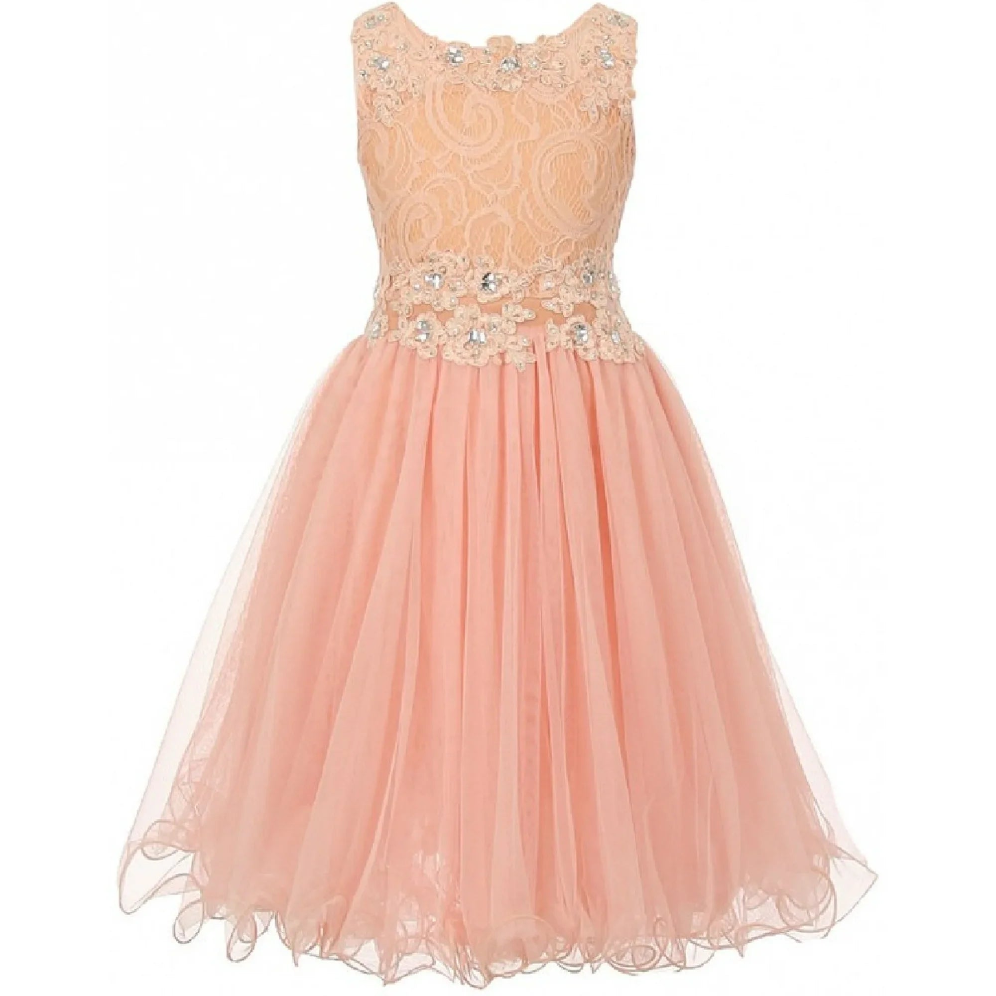 Embroidered Design Rhinestone Princess Big Flower Girls Dresses Peach 12