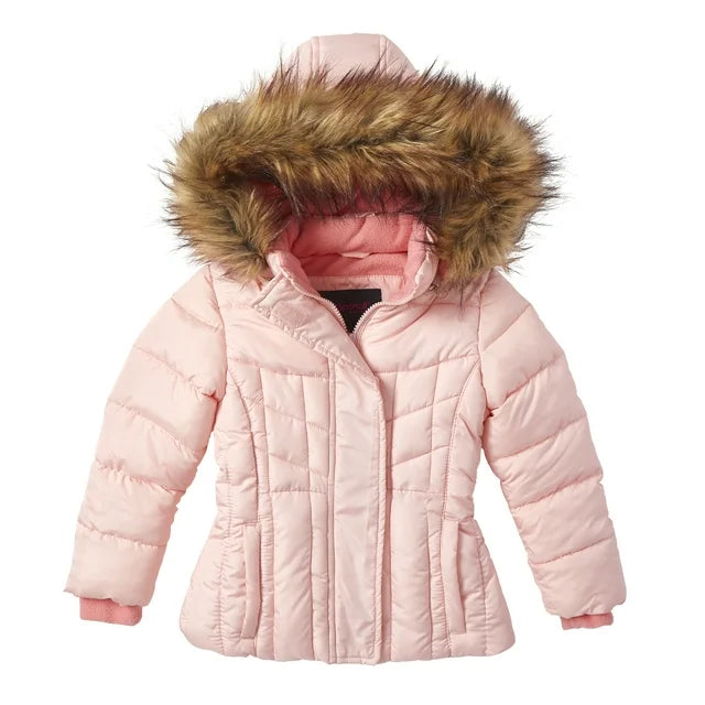 Girls Quilted Fleece Lined Winter Puffer Jacket Coat Faux Fur Trim Zip-Off Hood - Blush (